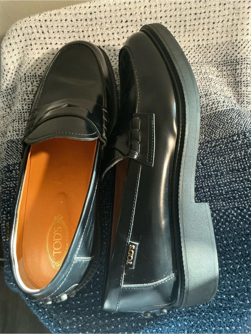 Tod's Black Leather Slip-On Penny Loafers with Tan Interior